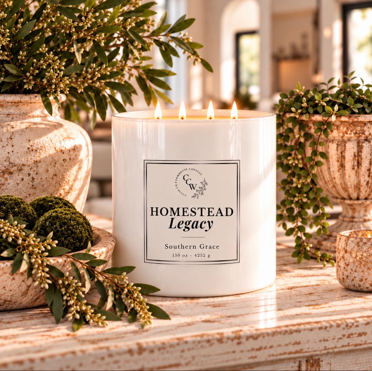 Homestead Legacy 150 oz luxury four-wick candle in an elegant, oversized white vessel, featuring a timeless design and available in a variety of fragrances.