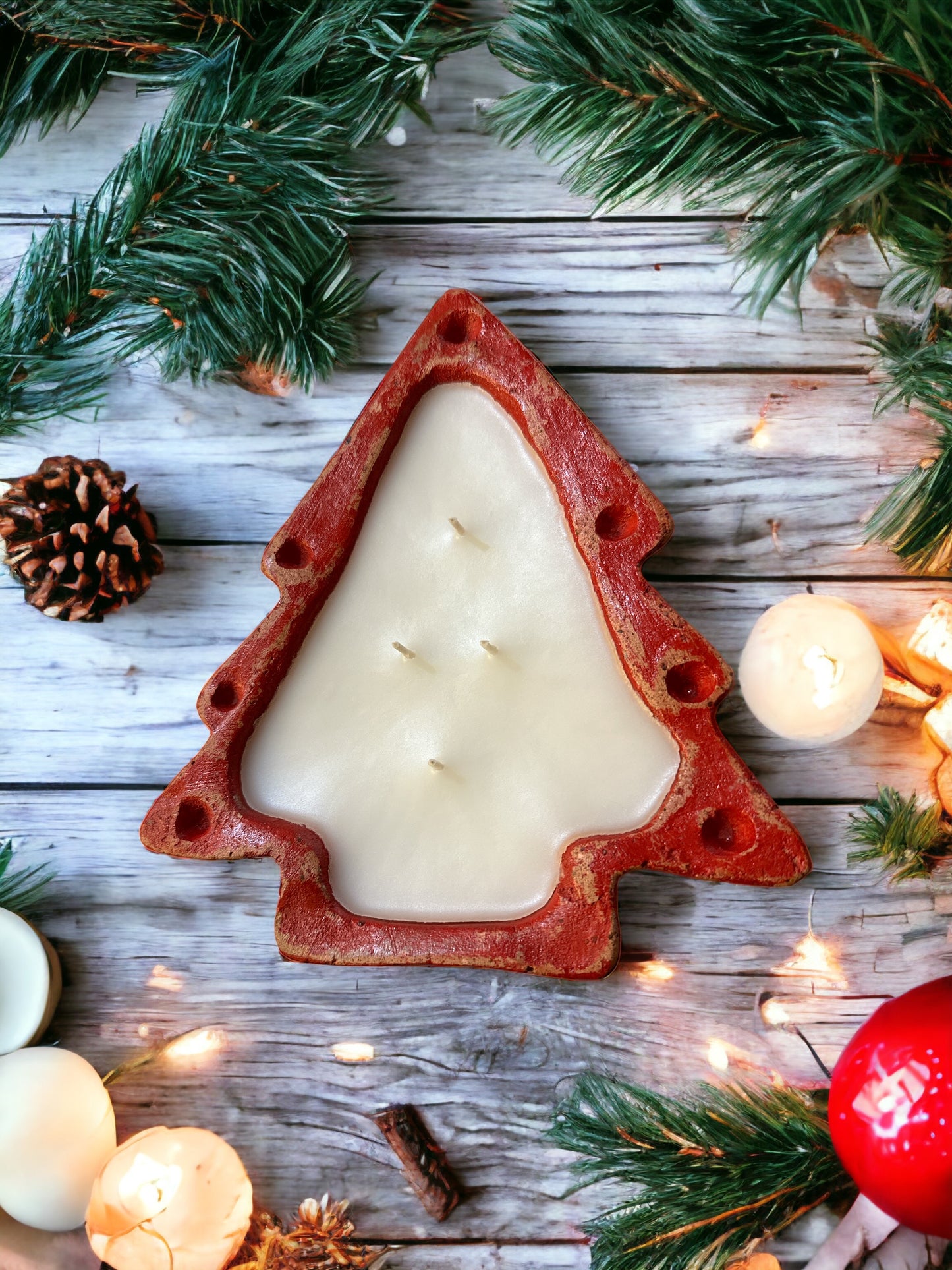 Red washed festive fir candle