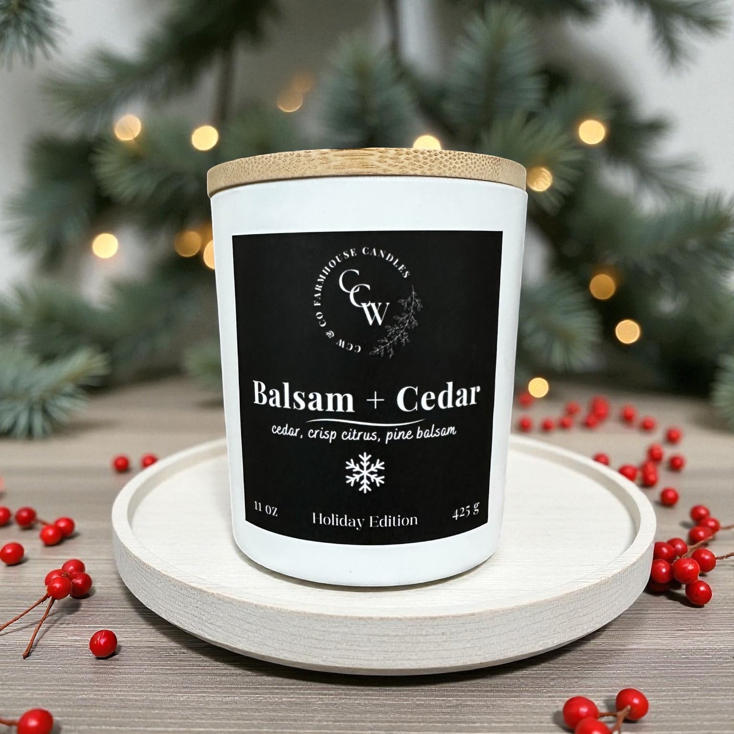 Balsam + Cedar candle by CCW & Co farmhouse candles, white cottage jar with wood lid, holiday scent of cedar, pine balsam, and crisp citrus.