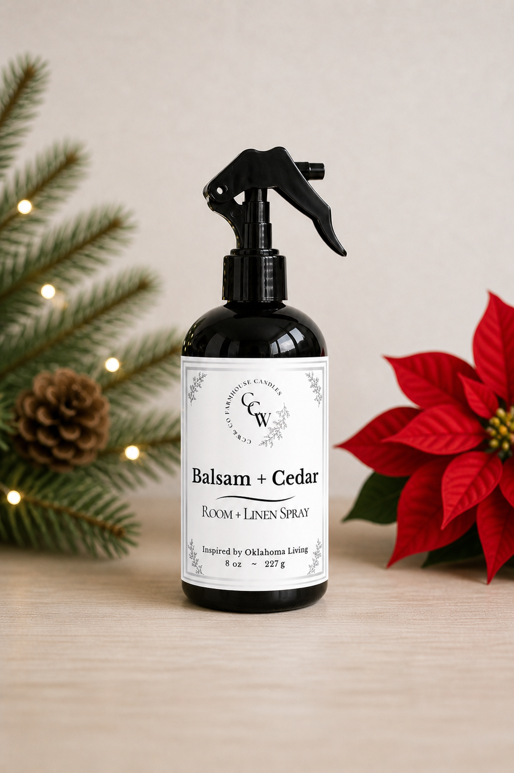 Balsam + Cedar  room + linen spray in black bottle with Christmas greenery and poinsettia – CCW Farmhouse home fragrance
