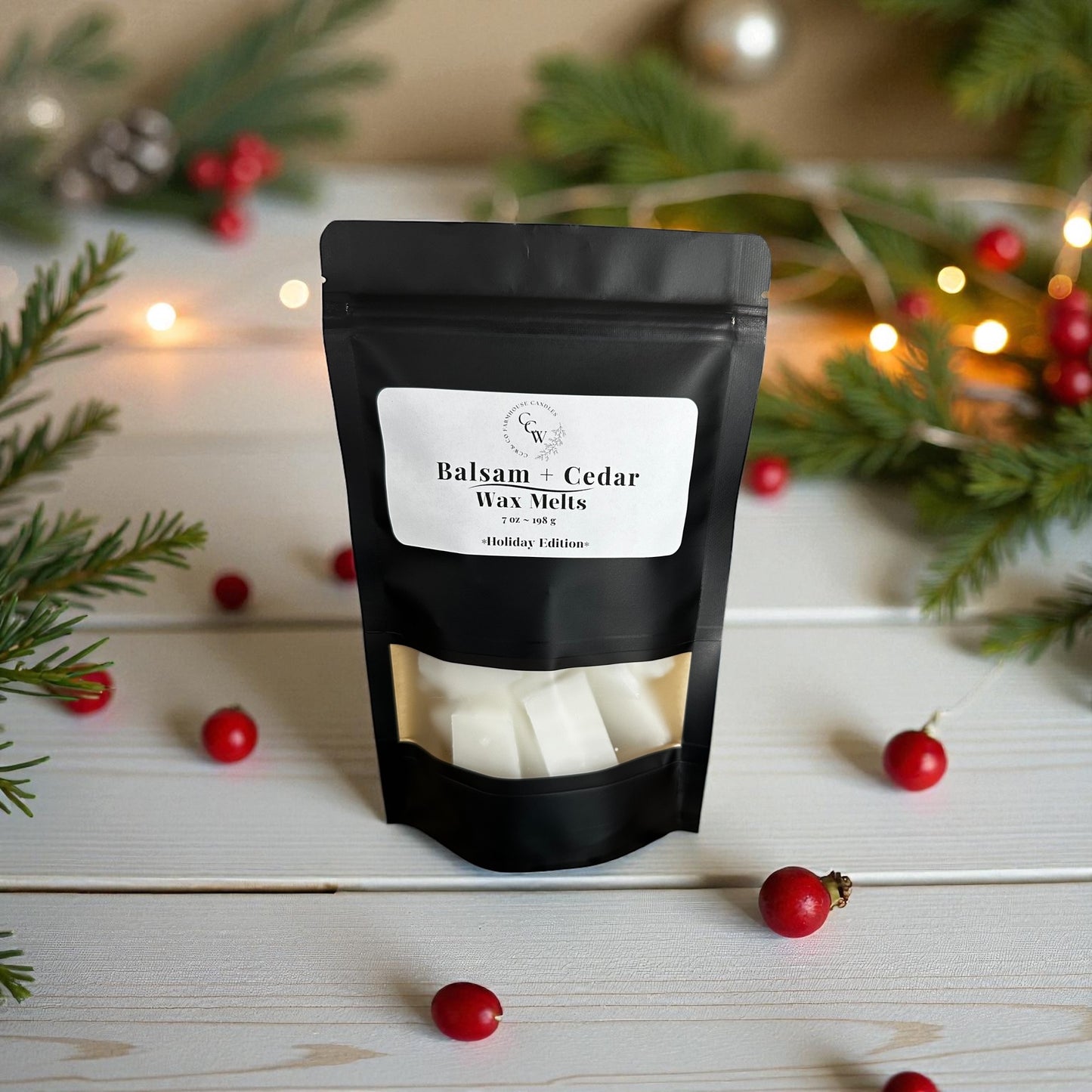 Balsam + Cedar wax melts – fresh pine balsam and earthy cedar home fragrance with sandalwood, red berries, and amber – cozy woodsy holiday scent – handmade wax melts by CCW & Co farmhouse candles.
