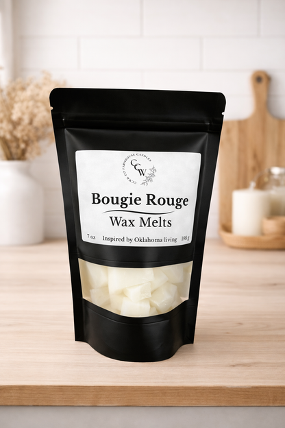 Black resealable pouch of Bougie Rouge wax melts by CCW & Co Farmhouse Candles, featuring a white label and clear window showing hand-poured wax melts, styled on a neutral kitchen countertop.