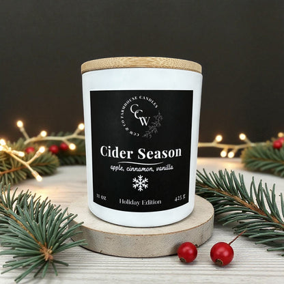 Cider Season candle by CCW & Co farmhouse candles, white cottage jar with wood lid, holiday scent of apple, cinnamon, and vanilla.