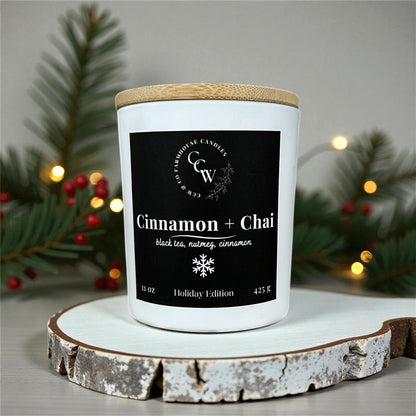 Cinnamon + Chai candle by CCW & Co farmhouse candles, white cottage jar with wood lid, holiday scent of black tea, nutmeg, and cinnamon.