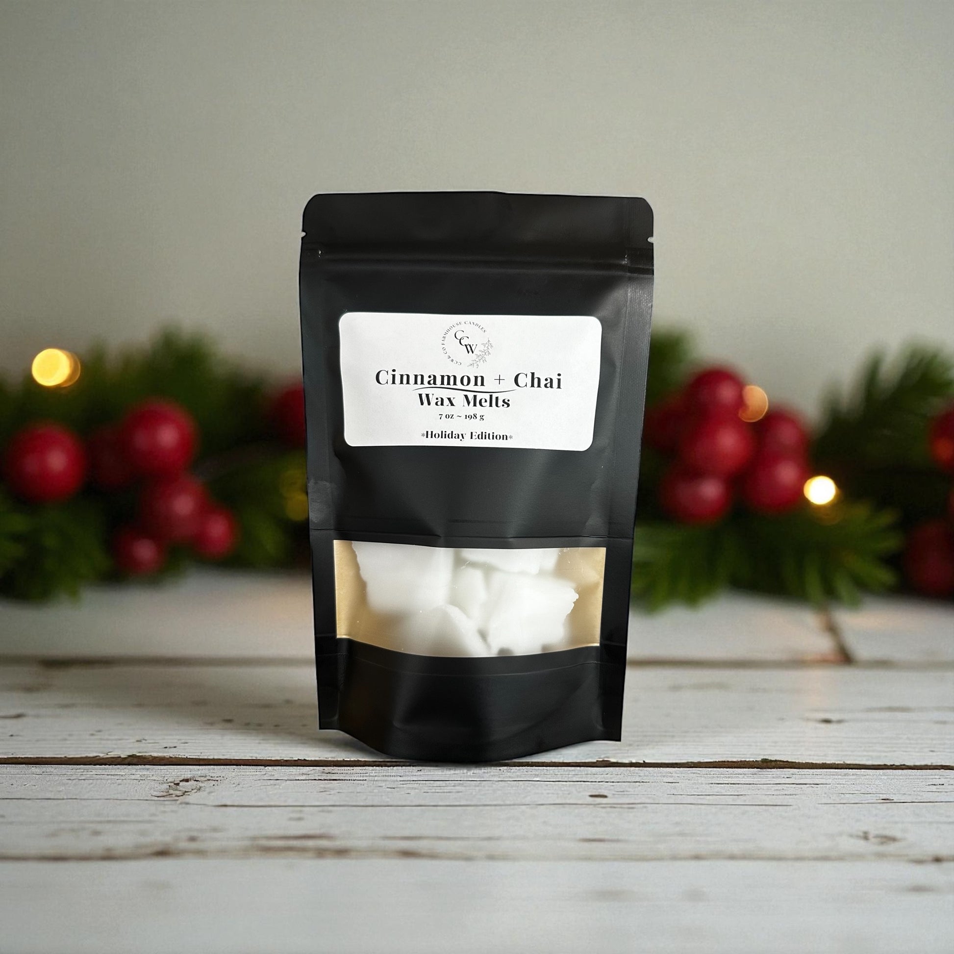 Cinnamon + Chai wax melts – warm spicy home fragrance with cinnamon, clove, and vanilla chai – cozy holiday scent – handmade wax melts by CCW & Co farmhouse candles.