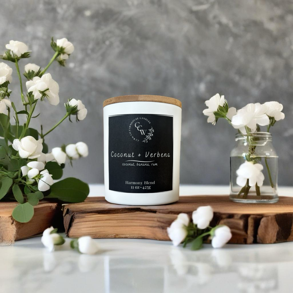 Coconut + Verbena candle by CCW & Co farmhouse candles, white cottage jar with wood lid, a tropical blend of creamy coconut, ripe banana, and smooth rum that evokes the scent of sun-soaked island escapes.