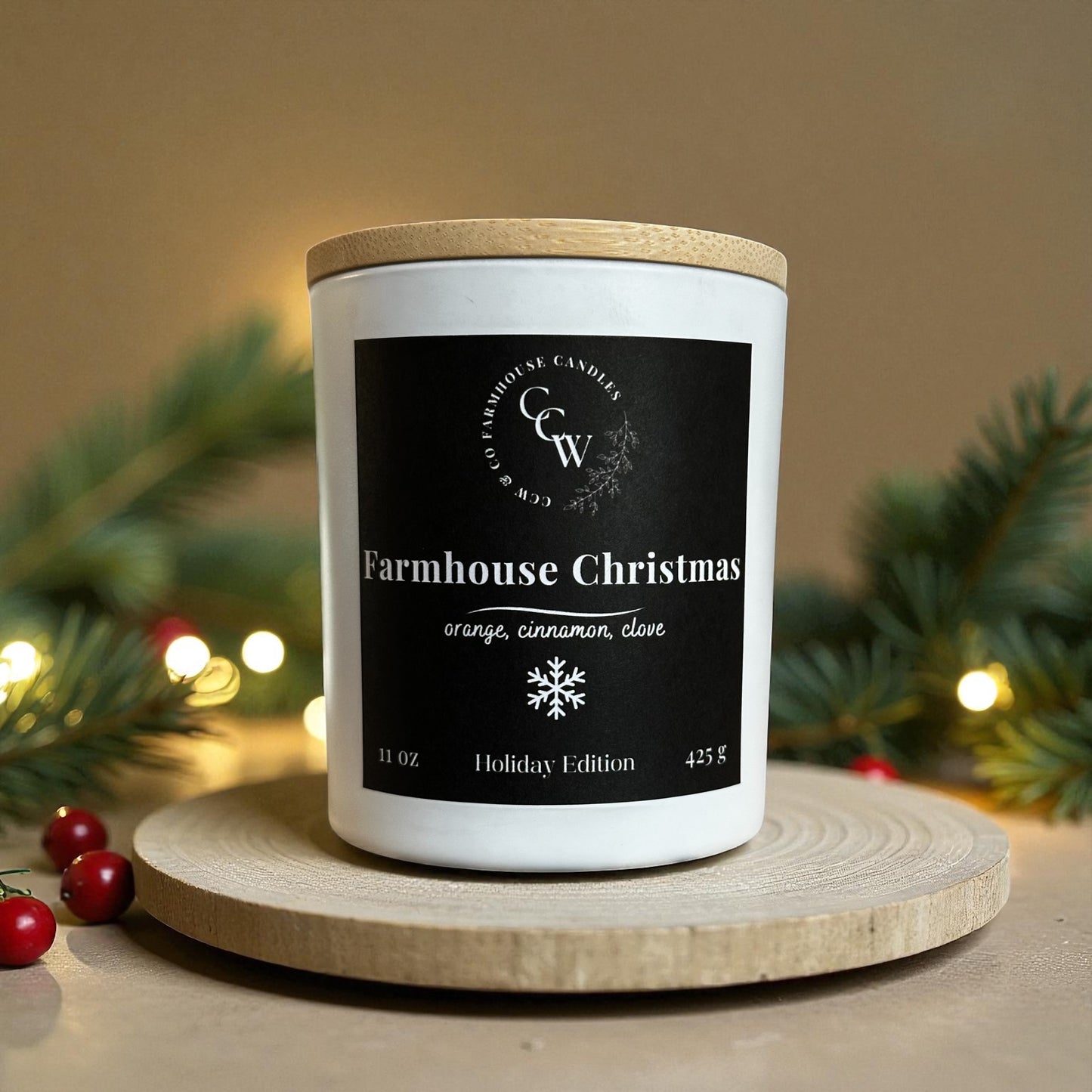 Farmhouse Christmas candle by CCW & Co farmhouse candles, white cottage jar with wood lid, holiday scent of orange, cinnamon, and clove.