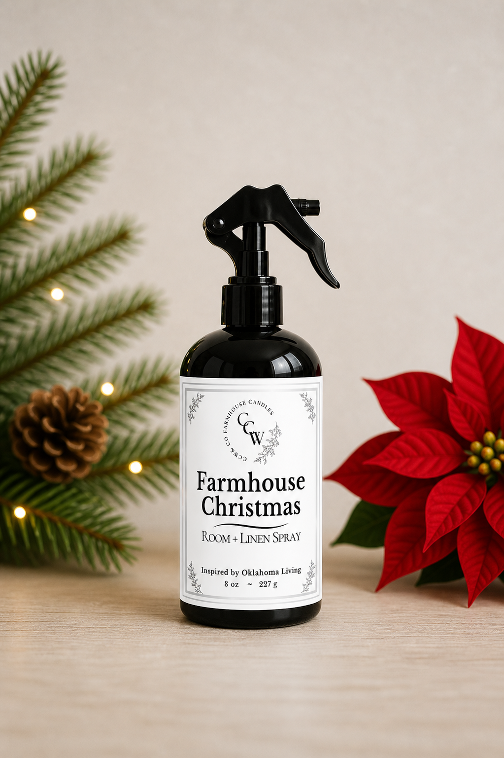 Farmhouse Christmas room + linen spray in black bottle with Christmas greenery and poinsettia – CCW Farmhouse home fragrance