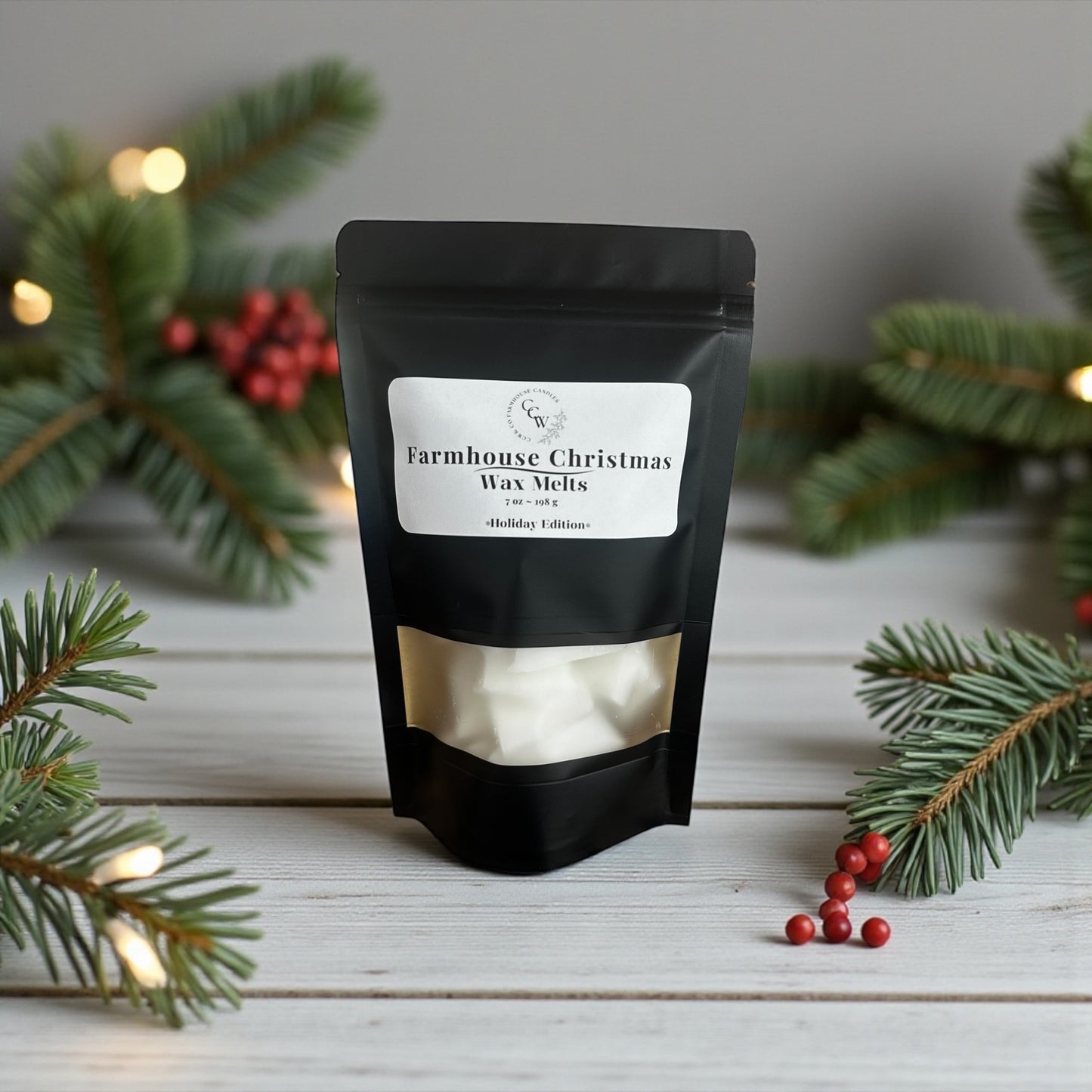 Farmhouse Christmas wax melts – classic holiday fragrance with orange spice, fir, and pine – cozy Christmas Eve scent – handmade wax melts by CCW & Co farmhouse candles.
