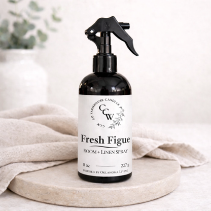 Room spray bottle labeled 'Fresh Fig' on a neutral background