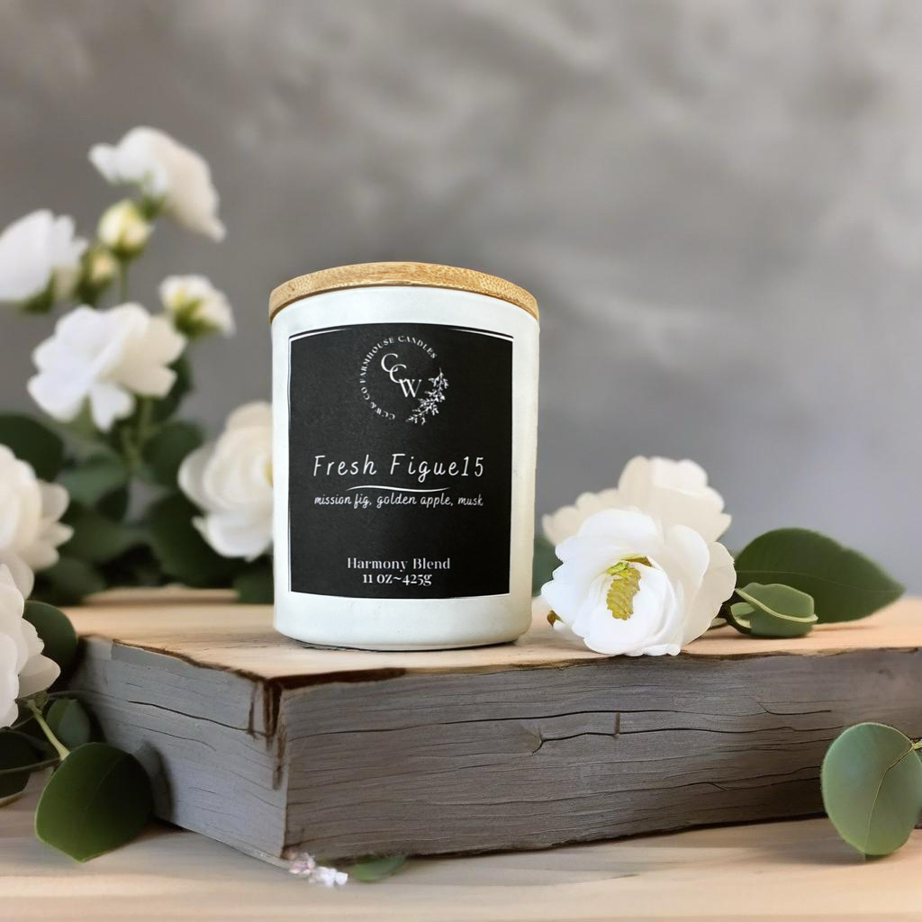 Fresh Figue 15 candle by CCW & Co farmhouse candles, white cottage jar with wood lid, a sophisticated blend of mission fig, golden apple, and soft musk that evokes modern elegance with a hint of sweetness.