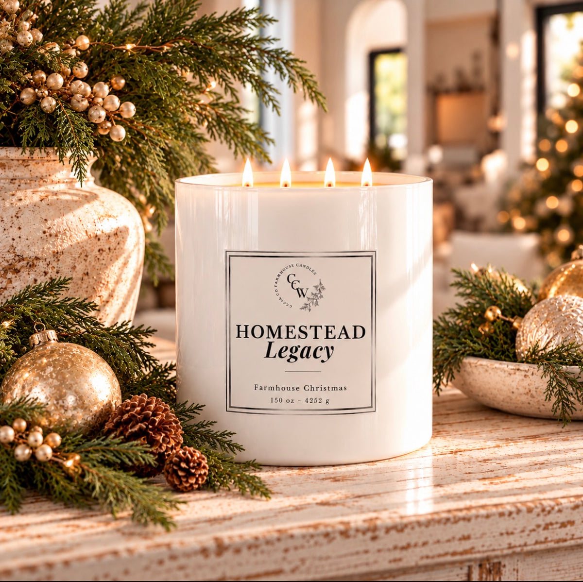 Homestead Legacy 150 oz luxury four-wick candle in an elegant, oversized white vessel, featuring a timeless design and available in a variety of fragrances.