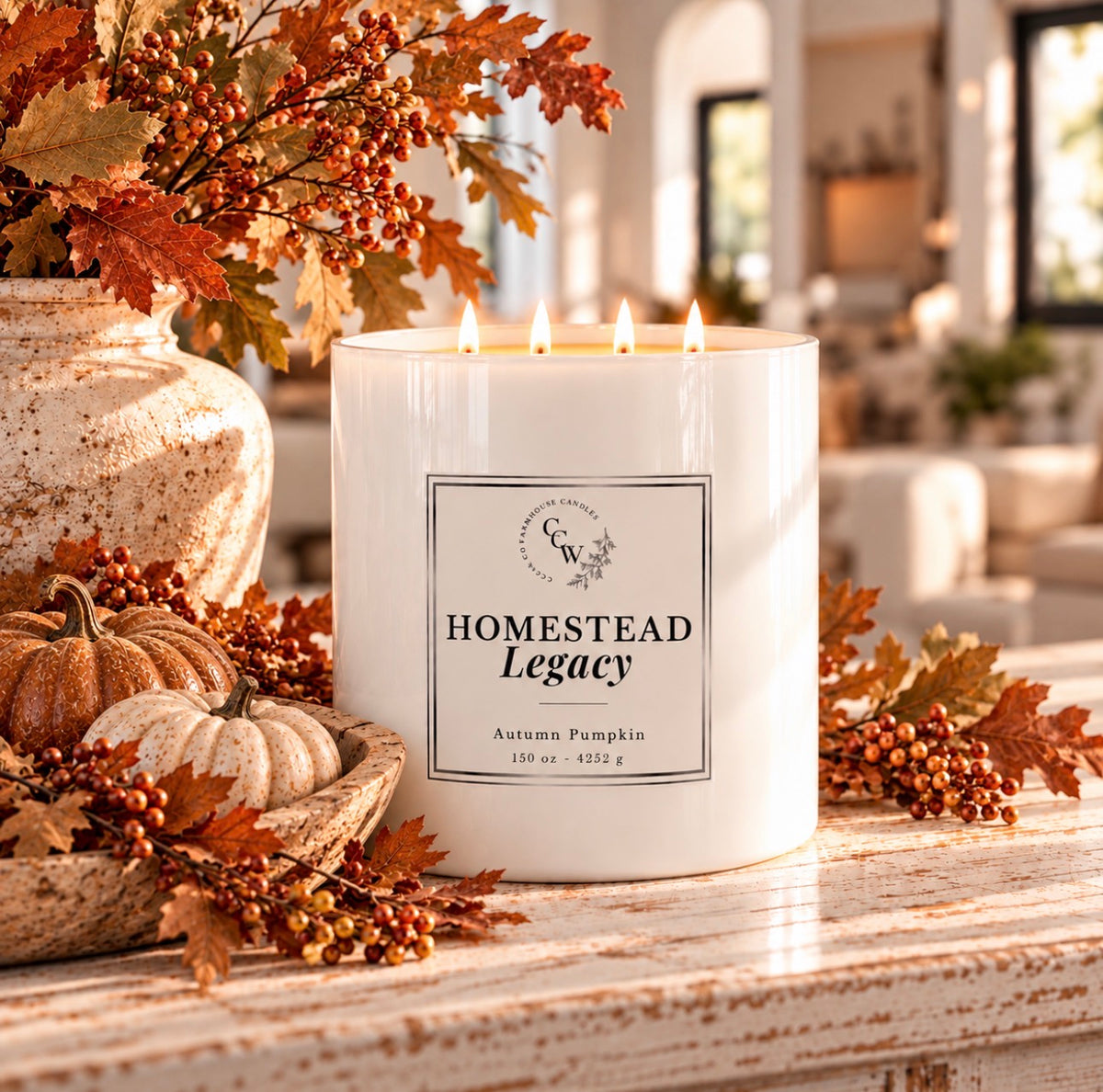 Homestead Legacy 150 oz luxury four-wick candle in an elegant, oversized white vessel, featuring a timeless design and available in a variety of fragrances.