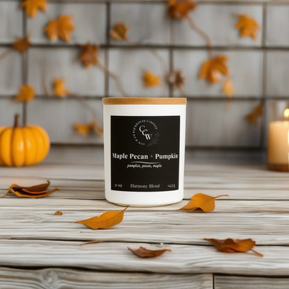 Maple Pecan + Pumpkin candle by CCW & Co farmhouse candles, white cottage jar with wood lid, a cozy blend of pumpkin, toasted pecan, and sweet maple that captures the warmth of homemade fall baking.
