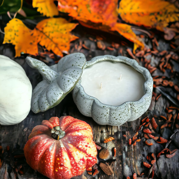 This blue/green ceramic pumpkin candle encapsulates the essence of autumnal charm and warmth. Handcrafted with meticulous attention to detail