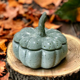 This blue/green ceramic pumpkin candle encapsulates the essence of autumnal charm and warmth. Handcrafted with meticulous attention to detail