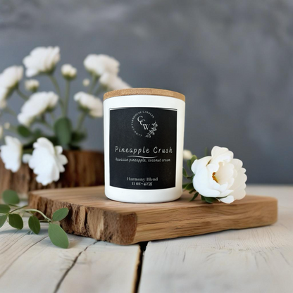 Pineapple Crush candle by CCW & Co farmhouse candles, white cottage jar with wood lid, a tropical blend of juicy Hawaiian pineapple and creamy coconut that captures the scent of island sunshine.