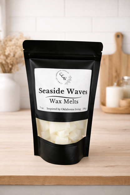 Black resealable pouch of Seaside Waves wax melts by CCW & Co Farmhouse Candles, featuring a white label and clear window showing hand-poured wax melts, styled on a neutral kitchen countertop.