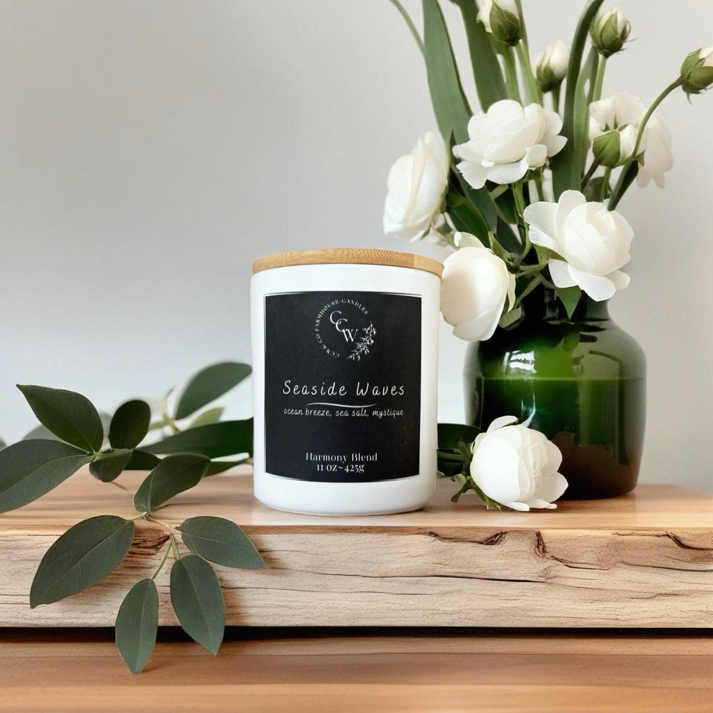 Seaside Waves candle by CCW & Co farmhouse candles, white cottage jar with wood lid, a refreshing coastal blend of ocean waves, sea salt, and mystique that captures the serenity of the seaside.
