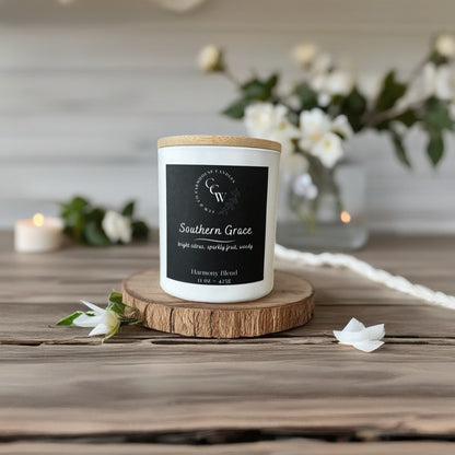 Southern Grace candle by CCW & Co farmhouse candles, white cottage jar with wood lid, a graceful blend of bright citrus, sparkling fruit, and soft woody notes that embody Southern charm and warmth.