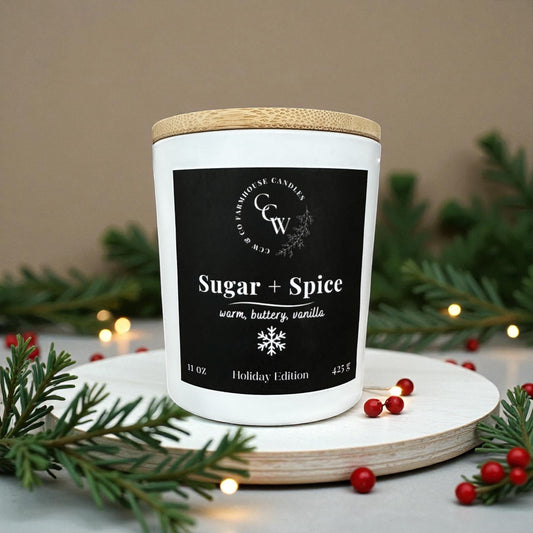 Sugar + Spice candle by CCW & Co Farmhouse candles, white cottage jar with wood lid, holiday scent of warm buttery vanilla.