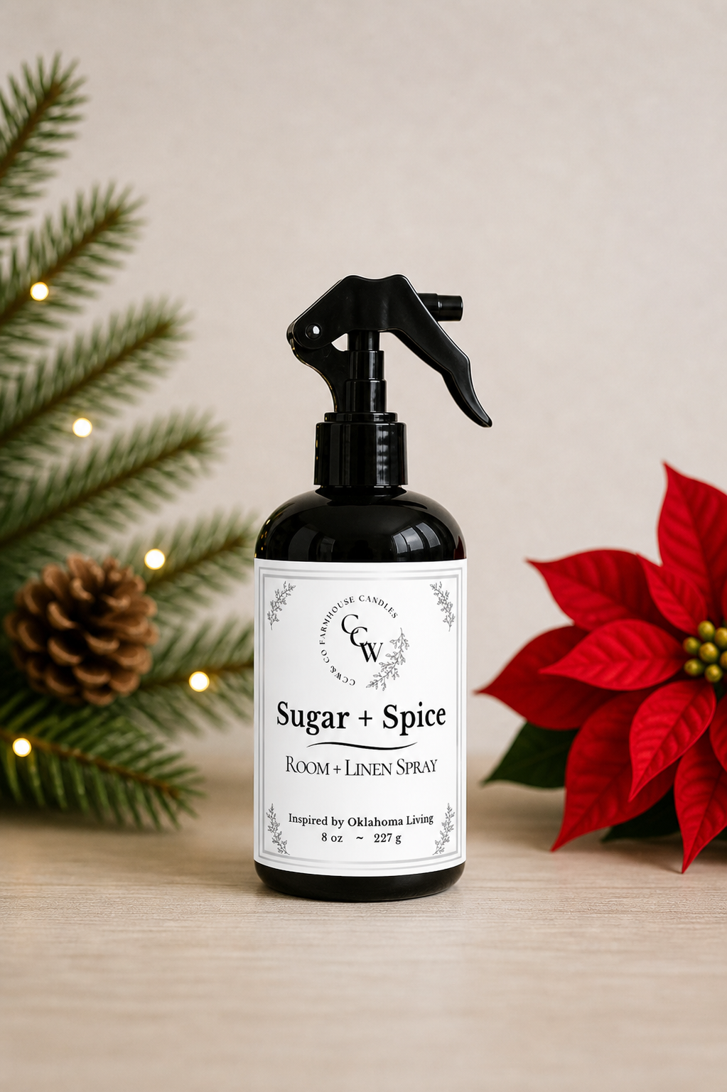 Sugar + Spice  room + linen spray in black bottle with Christmas greenery and poinsettia – CCW Farmhouse home fragrance