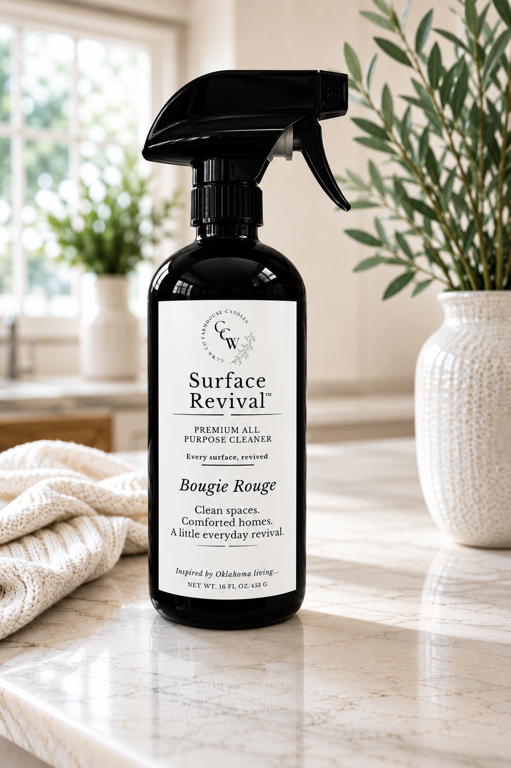 Surface Revival™ Premium All-Purpose Cleaner in Bougie Rouge fragrance styled in a bright, modern home setting.