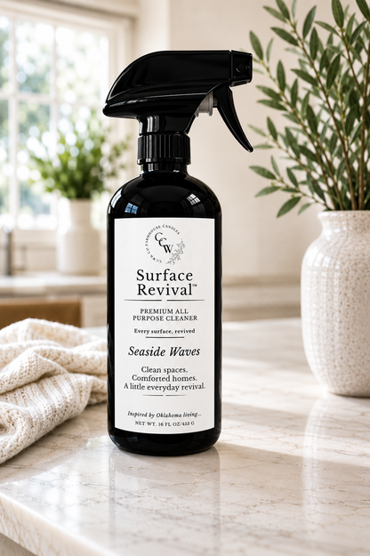 Surface Revival™ Premium All-Purpose Cleaner in Seaside Waves fragrance on a marble countertop in a clean, airy home.