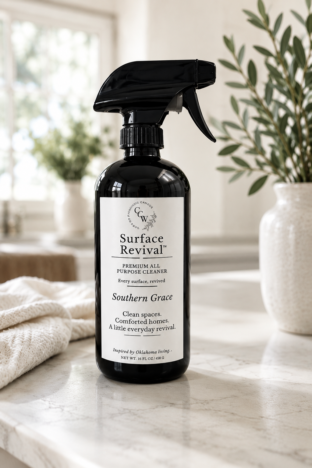 Surface Revival™ Premium All-Purpose Cleaner in Southern Grace fragrance on a marble countertop with natural light and greenery.