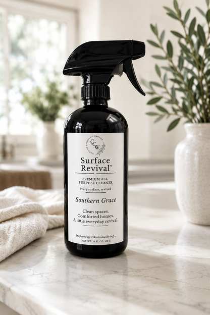 Surface Revival™ Premium All-Purpose Cleaner in Southern Grace fragrance on a marble countertop with natural light and greenery.