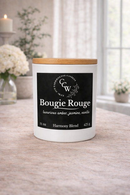 Bougie Rouge candle by CCW & Co Farmhouse Candles in a white jar with wooden lid, styled on a neutral tabletop in soft natural light