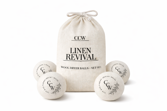 Linen Revival wool dryer balls set of four in branded linen bag by CCW & Co Farmhouse Candles